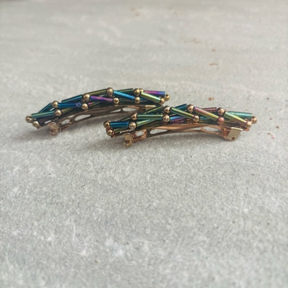 Vintage Iridescent Oil Slick Rainbow Bugle Bead Hair Clips Barrettes Pair of 2
